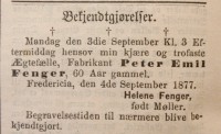 Dødsannonce for sæbefabrikant Peter Emil Fenger i Fredericia Avis i september 1877. Museerne i Fredericia.
