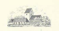 Den teglbehængte og hvidkalkede Bredstrup Kirke, som den tog sig ud i 1866 på en tegning af landinspektør Hjalmar Hyller. Kirken er flankeret af landsbyens skole. Geodatastyrelsen.